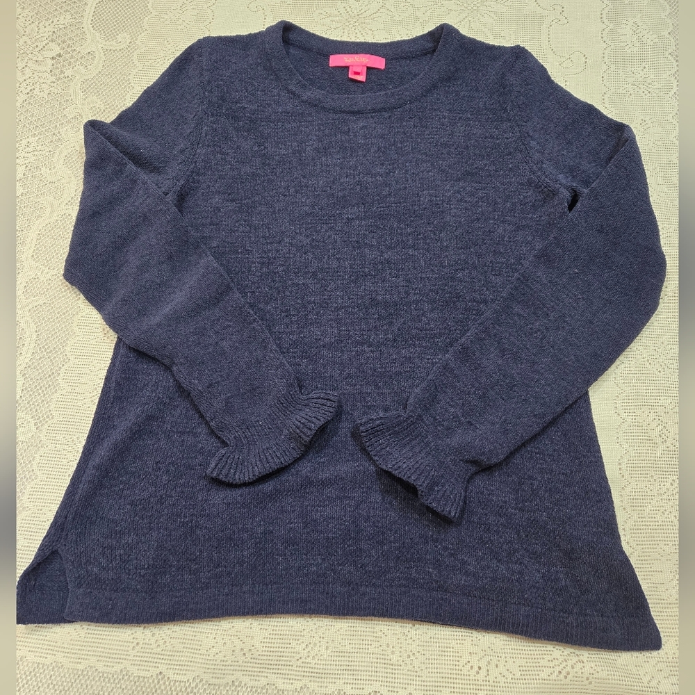 Lily Pulitzer Navy Blue Sweater With Long Ruffle Hem Sleeves Size M